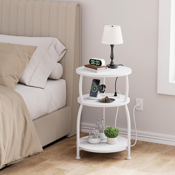 Round Side Table with Power Outlet & USB Ports, 3-Tier End Table with Storage Shelf, 15.7" Wide Nightstand for Small Spaces, Tall Bedside Table Capable of Charging Laptops & Phones, Rustic Brown
