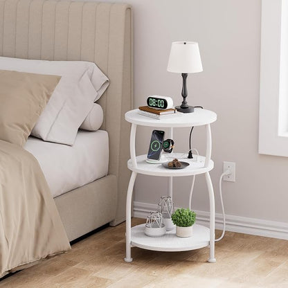 Round Side Table with Power Outlet & USB Ports, 3-Tier End Table with Storage Shelf, 15.7" Wide Nightstand for Small Spaces, Tall Bedside Table Capable of Charging Laptops & Phones, Rustic Brown