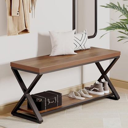 IBF Wood Bench Indoor, Industrial entryway Bench with Shoe Storage for Living Dining Room, Farmhouse Wooden Metal Entry Way Foyer Benches Seat for Bedroom Entryway, Rustic Oak, 39 Inch Long