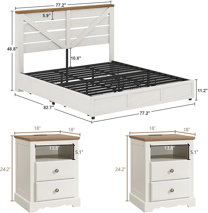 AMERLIFE 3 Piece Bedroom Set Including Farmhouse King Size Bed Frame with 4 Drawers, Nightstands Set of 2 with Charging Station for Bedroom, White