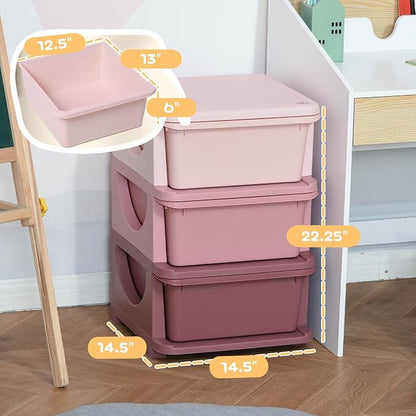Qaba 3 Drawers Kids Storage Unit, 3 Tier Stackable Toy Organizers and Storage Chest for Bedroom, Nursery, Playroom, Living Room, Boys, Girls, Toddlers, Pink
