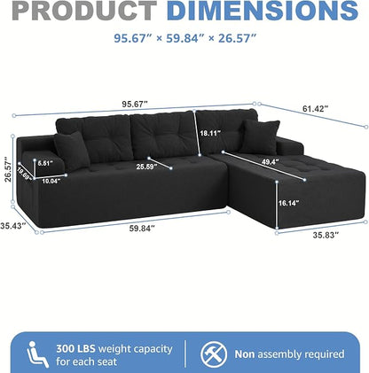 Hobestluk Modular Sectional Sofa Couches L-Shape Couch 3 Seat Modular Sofa Memory Foam Sectional Couches for Living Room, Cloud Couch with Oversized Chaise (Black Tufted, 96", Right Hand Facing)