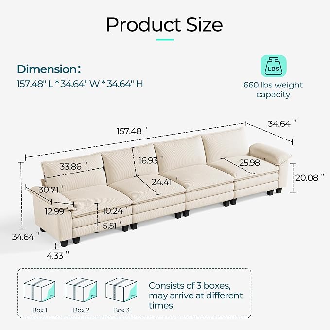 LINSY HOME 157'' Modular Sectional Sofa 4 Seat Couch Corduroy Cloud Couch with Deep Seat, Modern Cloud Couch for Living Room, Office, Bedroom, Beige