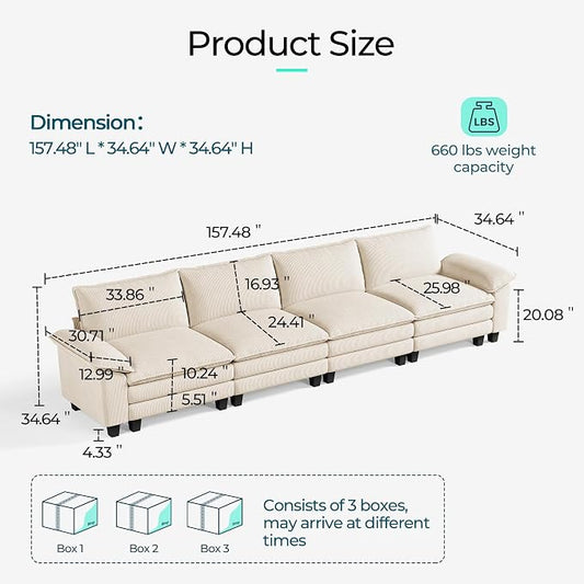 LINSY HOME 157'' Modular Sectional Sofa 4 Seat Couch Corduroy Cloud Couch with Deep Seat, Modern Cloud Couch for Living Room, Office, Bedroom, Beige