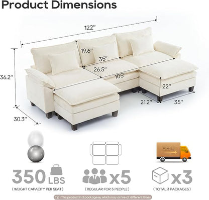 URRED Oversized Modular Sectional Sofa, 122" U Shaped Modern Comfy Cloud Couch with Movable Ottoman & Pillows, Deep Seat Couches for Living Room, Bedroom or Apartment (Chenille Beige, 122" U Shaped)