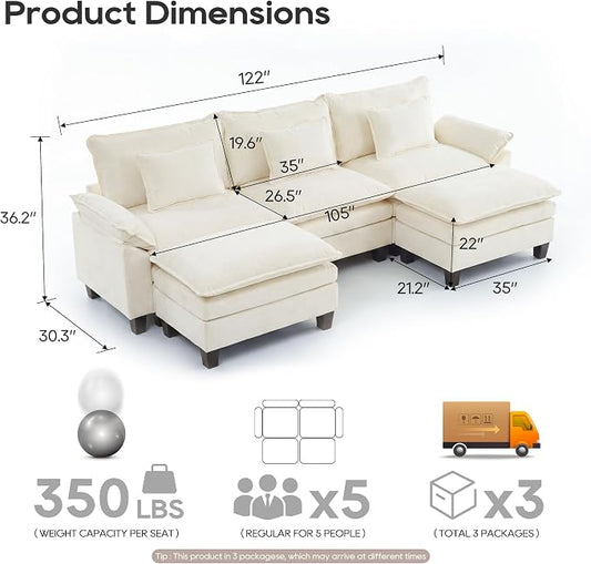 URRED Oversized Modular Sectional Sofa, 122" U Shaped Modern Comfy Cloud Couch with Movable Ottoman & Pillows, Deep Seat Couches for Living Room, Bedroom or Apartment (Chenille Beige, 122" U Shaped)