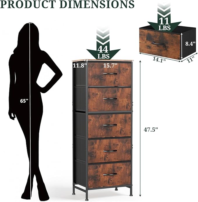 5 Drawers Dresser for Bedroom, Fabric Storage Tower Organizer with Wooden Top and Steel Frame, Tall Chest of Drawers for Closet, Entryway, Dorm, Brown