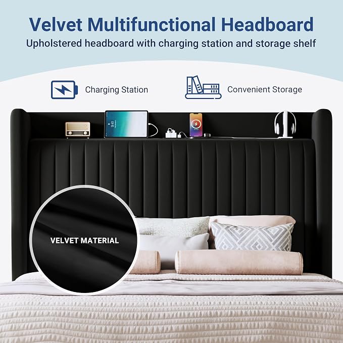 Allewie King Size Platform Bed Frame with USB Charging Station and Storage Shelf/Upholstered Velvet Wingback Headboard/Wooden Slats Support/No Box Spring Needed/Easy Assembly, Black