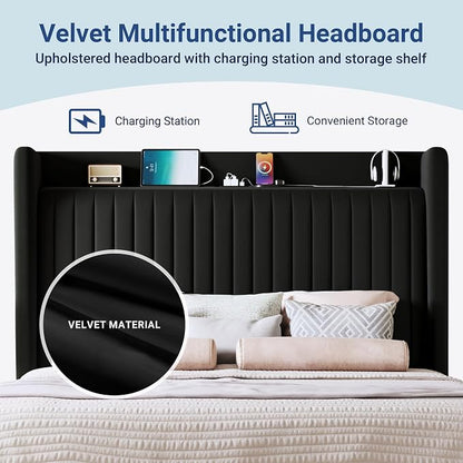 Allewie Full Size Platform Bed Frame with USB Charging Station and Storage Shelf/Upholstered Velvet Wingback Headboard/Wooden Slats Support/No Box Spring Needed/Easy Assembly, Black