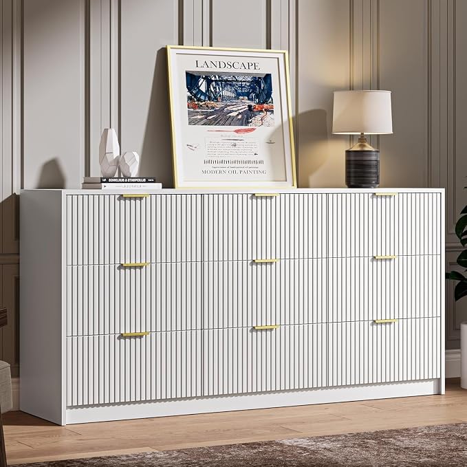 MAISONARIA 3-Piece Dresser Bedroom Set, 9 Drawer Dresser & 3 Drawer Dresser with Gold Handles, Fluted Wood Chest of Drawers for Bedroom, Living Room, Entryway, White