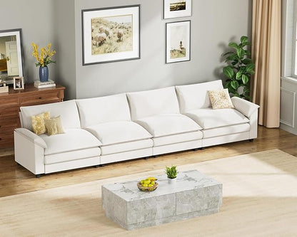 Homall 159" Modular Sectional Sofa, Linear Sofa Couch with Double-Layer Cushion, DIY Combination Chenille Deep 4-Seat Cloud Couch for Living Room, Apartment (White, Linear Sofa)