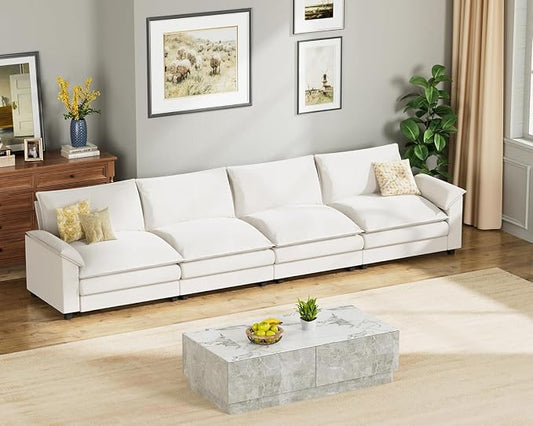 Homall 159" Modular Sectional Sofa, Linear Sofa Couch with Double-Layer Cushion, DIY Combination Chenille Deep 4-Seat Cloud Couch for Living Room, Apartment (White, Linear Sofa)