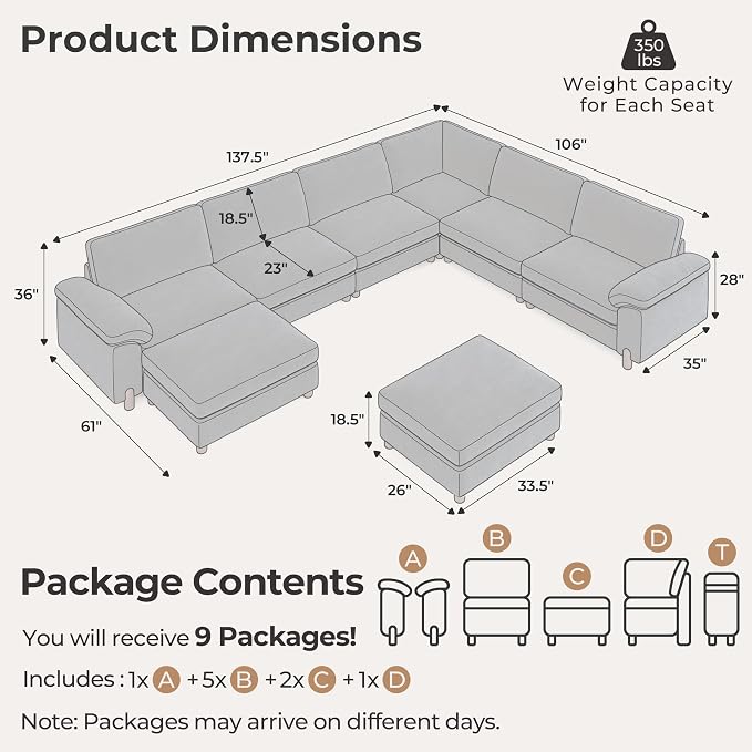 SITJOY Large Cloud Couch, 138" Wide 6 Seater V Shape, Chenille in Navy Blue | Detachable and Washable Chenille Cover Sectional Sofas for Living Room, Deep Seat Wide Couch with Chaise, Storage Ottoman