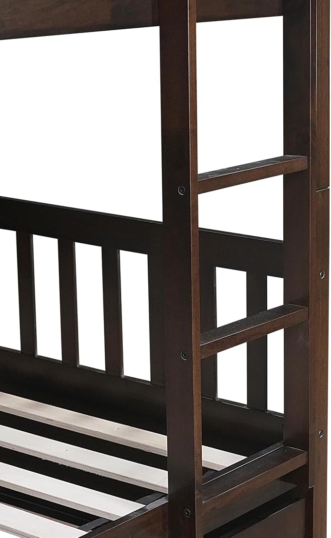 Harper & Bright Designs Convertible Wood Full-Over-Full Bunk Bed with Trundle and Ladder - Can Be Divided Into Two Platform Beds, Espresso