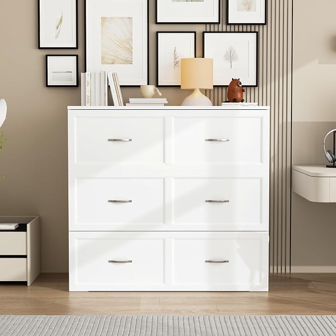 Twin Murphy Bed with Built-in Charging Station, Space-Saving Murphy Bed Chest Twin with Drawer, Foldable, for Home Office Guest Room Bedroom White, 76.8”L x 44.4”W x 41.3”H