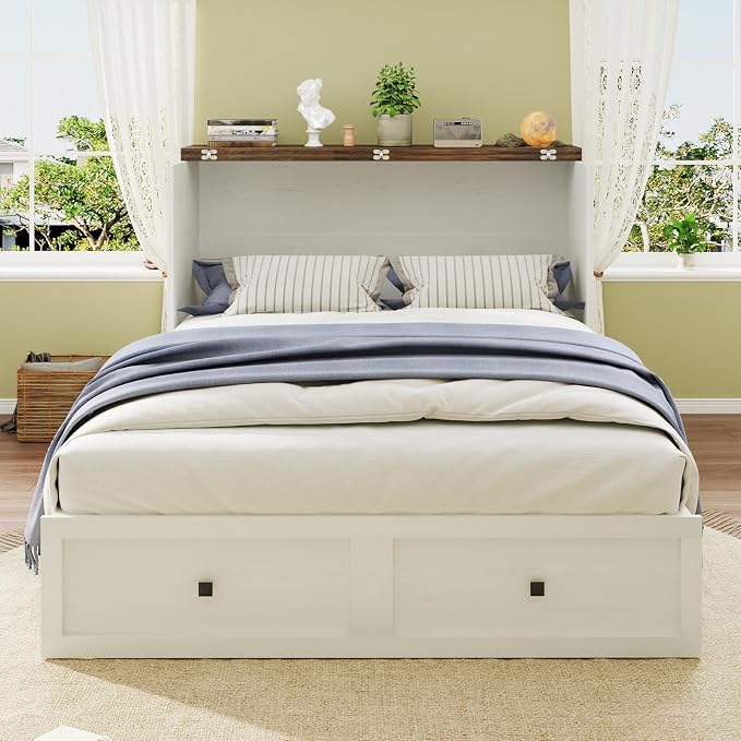 LUXOAK Queen Size Murphy Bed with Charging Station, Cabinet Bed with Large Storage Drawer for Home Office or Small Room, Hideaway Full Foldable Platform Bed, Barnwood+White