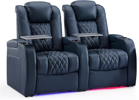 Weilianda Home Theater Seating Top Grain Leather Zero Gravity Recliner Chair Power Headrest Recline Movie Seat Gaming 7 Colors Mood Light Sofa with Tray Table USB Charge Row of 2 Blue