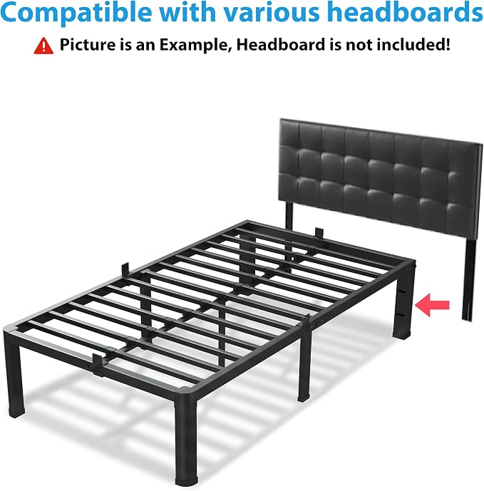 VIPSHOW 14 Inch Twin Size Bed Frame, 3500Lbs Heavy Duty Metal Platform with Round Corner Legs Mattress Slide Stopper, Steel Slat Support No Box Spring Needed, Noise Free, Non-Slip, Easy Assembly