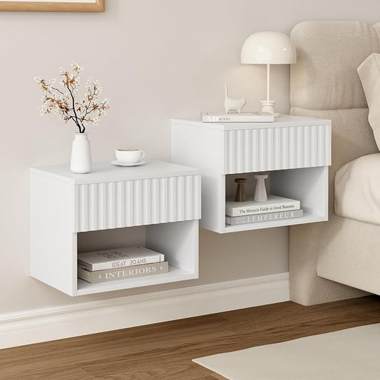 Floating Nightstand Set of 2, Modern Wall Mounted Bedside Tables with Fluted Drawer, Night Stand Small End Table with Open Storage Shelf for Bedroom, Living Room, Small Spaces, White