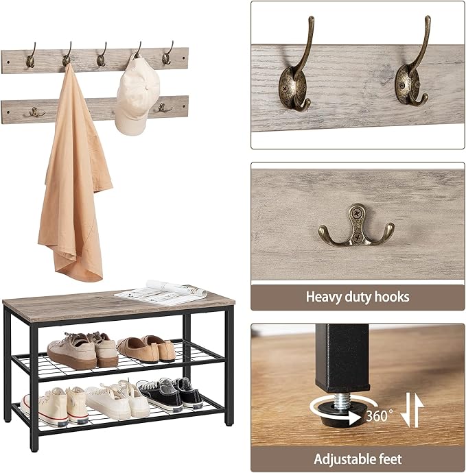 HOOBRO Hall Tree with Bench, Coat Rack Shoe Bench Set, Entryway Shoe Rack with Coat Hooks, Hall Tree Coat Rack, 27.6" L x 11.8" W x 18.1" H, Mud Room, for Foyer, Front Door, Greige BG07MT01