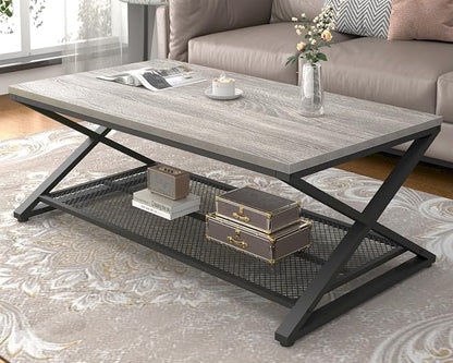 LVB Gray Coffee Table, Farmhouse Wood Metal Center Table with Storage for Living Room, Industrial Wooden 2 Tier Rectangle Cocktail Tea Table with Mesh Shelf for Office Bedroom, 47 inch, Light Grey Oak