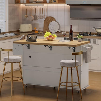 ONBRILL 60" Kitchen Island with Power Outlet & Drop Leaf, Rolling Island with Spice Rack & Towel Rack, Kitchen Island Cart with Trash Storage Cabinet, Island Table for Kitchen, White