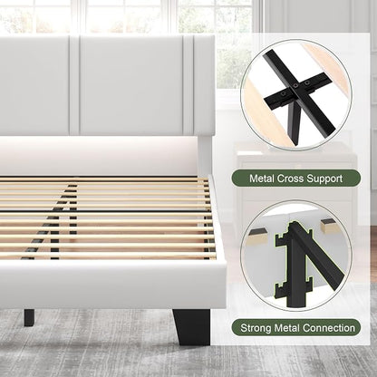 Feonase Full Size Platform Bed Frame, Velvet Upholstered Full Bed Frame, Solid Wood Slats & Heavy Duty Feet Support, No Box Spring Needed, Noise-Free, Easy Assembly, White
