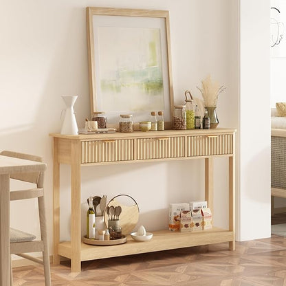 RUSTOWN Fluted Wood Console Table with 3 Drawers, Boho Narrow Behind Couch Entryway Table with Open Storage Shelf, Modern Sofa Table for Living Room, Foyer and Hallway (Natural Wood)