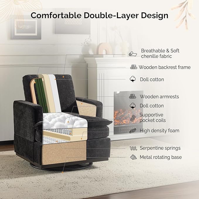 VINGLI 360° Swivel Accent Chair with Double-Layer Seat Cushions, Comfy Single Square Sofa Armchair, Upholstered Club Chair for Living Room,Bedroom, Reading Room, Chenille Black