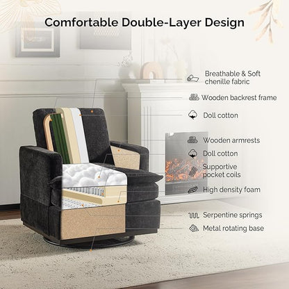 VINGLI 360° Swivel Accent Chair with Double-Layer Seat Cushions, Comfy Single Square Sofa Armchair, Upholstered Club Chair for Living Room,Bedroom, Reading Room, Chenille Black
