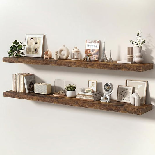 Floating Shelves for Wall, 72 Inch x 8 Inch Deep Wall Mounted Wood Shelf with Invisible Brackets for Storage & Display, Living Room Bedroom Kitchen, Rustic Brown, Set of 2