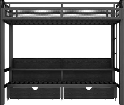 Bellemave Bunk Bed Twin XL Over Twin XL，Metal Bunk beds with Storage Shelves and Drawers USB Ports and LED Lights, Lower Bed That can be Converted into a Sofa, Black