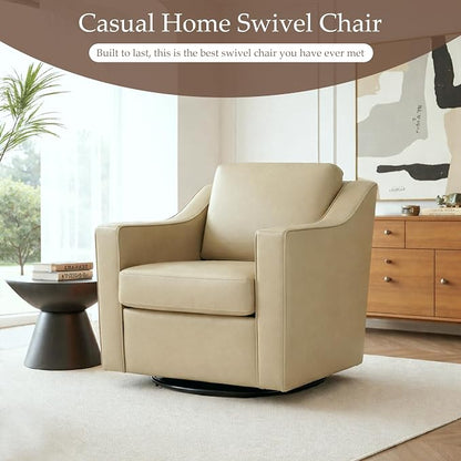 Swivel Accent Chairs Set of 2, 360° Swivel Upholstered Faux Leather Club Armchairs for Living Room, Comfy Single Sofa Reading Chair with Deep Seat, Metal Swivel Base, Cream
