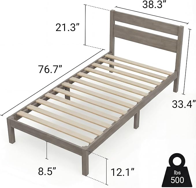 LIFEMENT Twin Bed Frame with Headboard Classic Wood Platform, Noise Free, Under Bed Storage, No Box Spring Needed, Easy Assembly, Gray