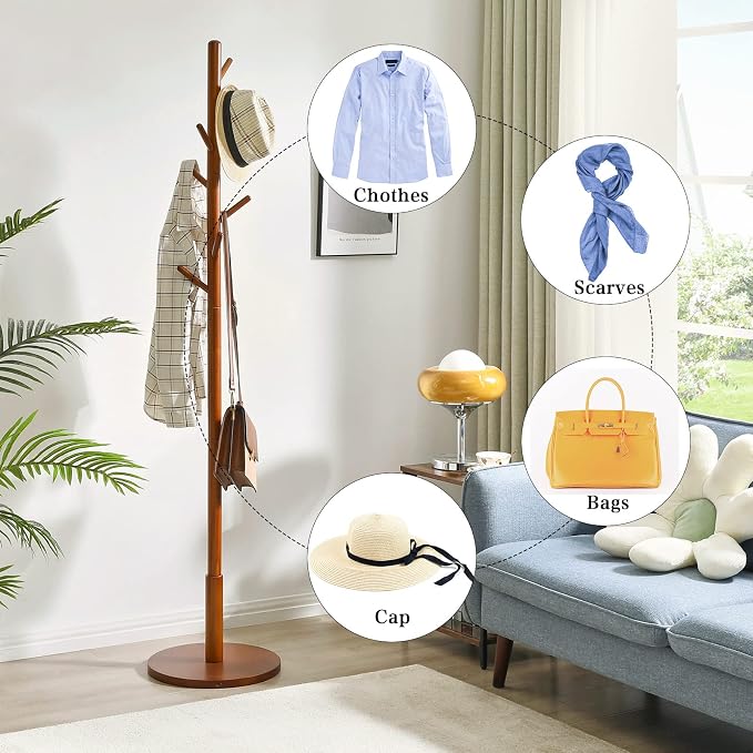 IBUYKE Coat Rack Stand, Freestanding Coat Tree with Solid Round Base and 8 Hooks, Easy Assembly Wooden Coat Hanger, Clothes Rack for Hallway Entryway, Living Room, Bedroom, Office, Brown WD-113