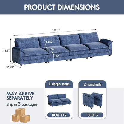 Homall 159" Modular Sectional Sofa, Linear Sofa Couch with Double-Layer Cushion, DIY Combination Chenille Deep 4-Seat Cloud Couch for Living Room, Apartment (Dark Blue, Linear Sofa)