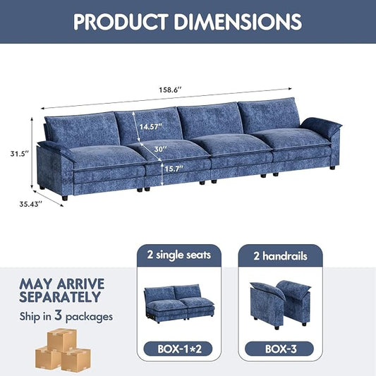 Homall 159" Modular Sectional Sofa, Linear Sofa Couch with Double-Layer Cushion, DIY Combination Chenille Deep 4-Seat Cloud Couch for Living Room, Apartment (Dark Blue, Linear Sofa)