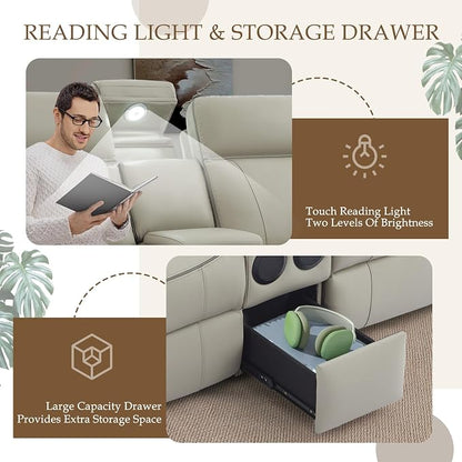 Power Reclining Sofa Set with LED Reading Light/Storage Drawer, Power Loveseat Recliner Sofa, Reclining Loveseat with Bluetooth Speakers/Outlets/Breathing Leather (Grey, Sofa+Loveseat)