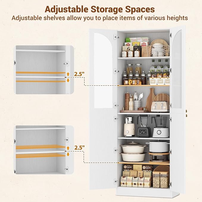 Cyclysio 80" Kitchen Pantry, Tall Arch Storage Cabinet with Tempered Glass & Soft Close Doors, Freestanding Wood Floor Cupboard Bookcase with Seamless Fit Wall for Dining Room, Living Room, Bathroom