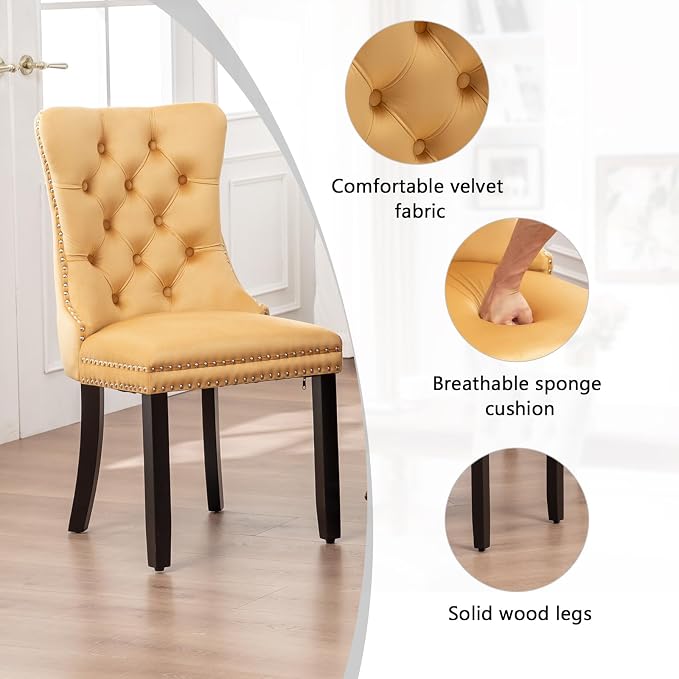 Hixkol Velvet Dining Chairs Set of 6,Upholstered Dining Chairs with Ring Pull Trim and Button Back,Modern Seating for Kitchen, Bedroom & Living Room(Gold)