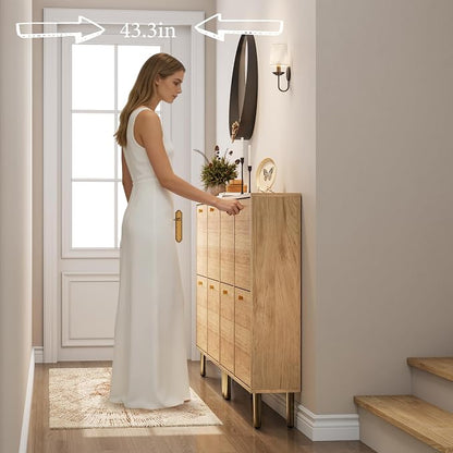 Nicetree Shoe Storage Cabinet for Entryway - Ultra Slim Shoe Cabinet with Tiered Fluted Design - Modern Shoe Organizer with Gold Legs, Hidden Shoe Rack for Small Spaces, Fits Men's Size 13.5
