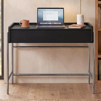 Home Office Computer Desk, Metal Frame Simple Dressing Vanity Table Without Mirror, Modern Minimalist Work Desk with 2 Drawers for Home Office, Bedroom and Living Room