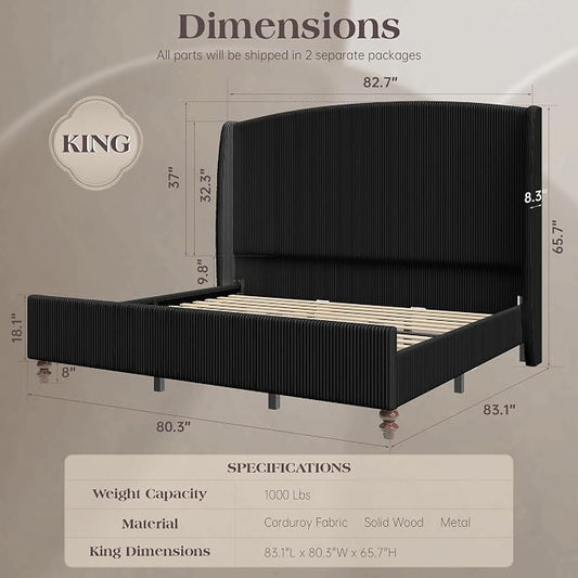 Queen Size 65.7" Tall Headboard Upholstered Bed Frame with Wingback, Soft Washable Corduroy Beds Cover, Solid Wood Legs, Noise-Free, No Box Spring Needed, Black