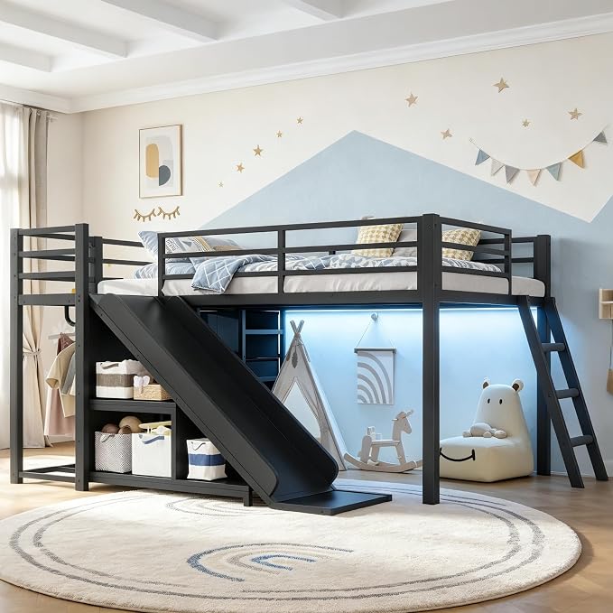 Bellemave Twin Loft Bed with Slide & Ladder, Metal Kids Loft Bed with Storage Drawers & LED Lights, Low Loft Bed Twin Size with Wood Wardrobe & Bookcase, Loft Bed for Kids Teens, Black
