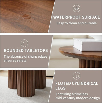 Bifins Round Nesting Coffee Table Set of 3,Mid Century Modern Fluted Coffee and End Table Set,Small Circle Wooden Side Table Drink Table for Living Room (Walnut)