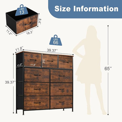 DUMOS 9 Drawer Dresser for Bedroom, Storage Organizer Chest of Drawers | Fabric Bins Storage Tower with Sturdy Metal Frame, Wood Tabletop for Closet, Brown
