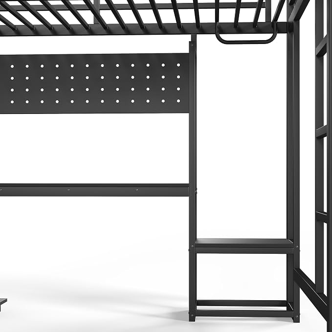 Bellemave Queen Size Loft Bed with Desk and USB Ports, Computer Tray, Peg Board LED, Metal Full Loft Bed Frame for Adults, Kids, Teens, Black