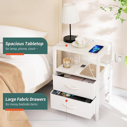 Yoobure Nightstand with Charging Station, Small Night Stand with Fabric Drawers and Storage Shelf for Bedrooms, Nightstands for Small Spaces, Bedside Table with USB Ports & Outlets, Bed Side Table
