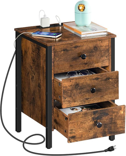 HOOBRO Nightstand with Charging Station, Side Table with 3 Drawers and Storage Shelf, End Table with USB Port, Retro Industrial Style Bedside Table, for Living Room, Bedroom, Rustic Brown BF461BZ01G2