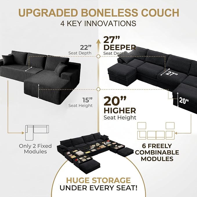 Upgrade Boneless Couch with Storage, Extra Deep&High Seat Modular Sectional Sofa 4 Seater U Shaped Cloud Couch with Ottoman, Tool-Free Assembly Sectional Couches for Living Room